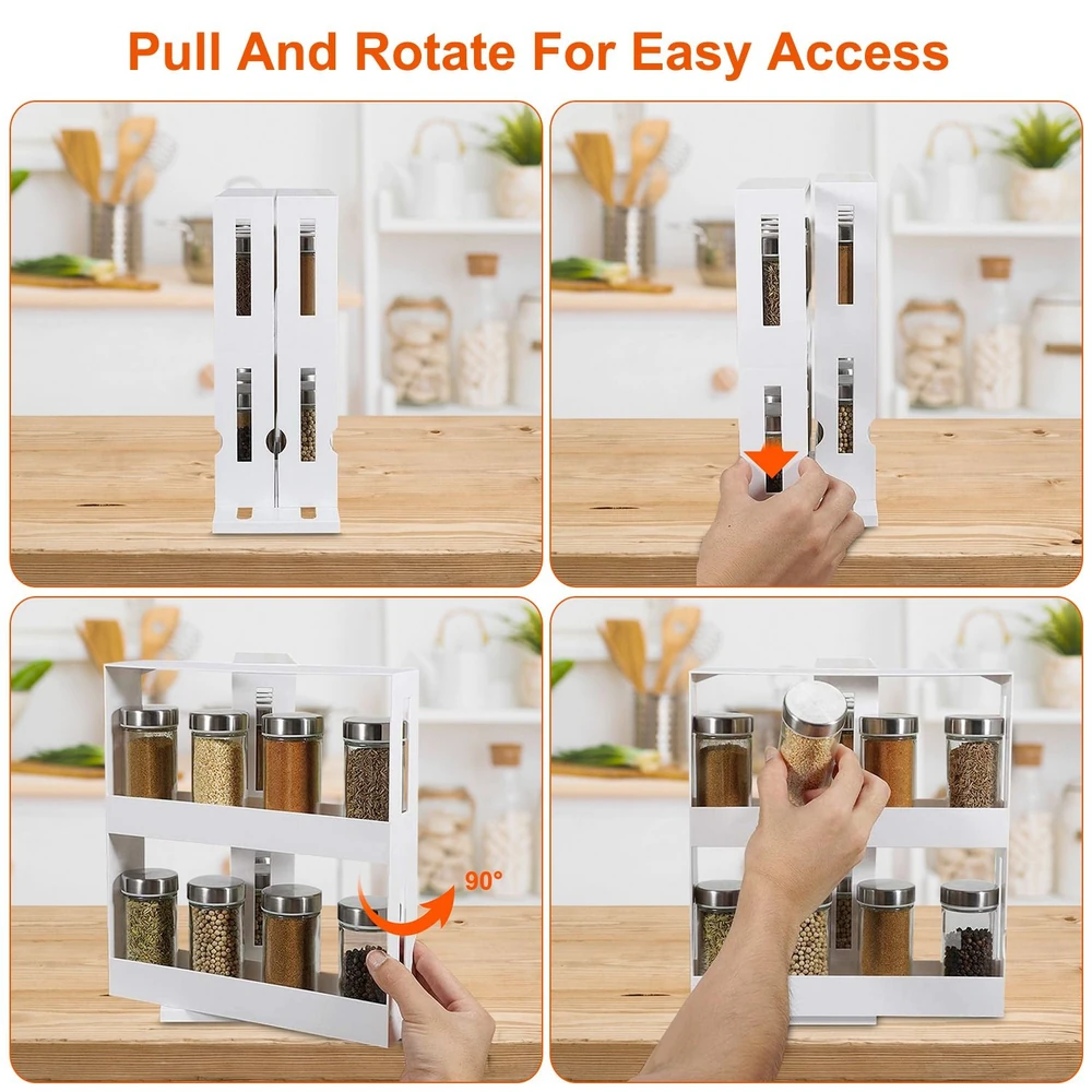 Pull and rotate spice rack organizer for easy access in kitchen