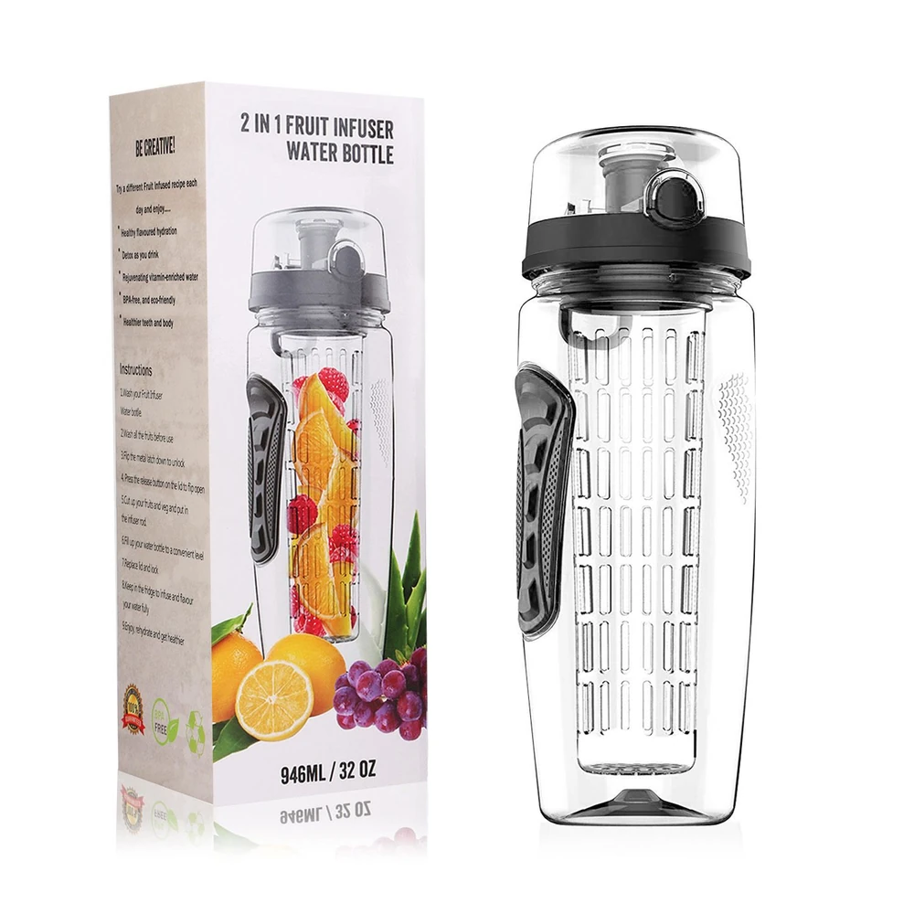 946ml fruit infuser water bottle next to packaging showing citrus fruits and grapes