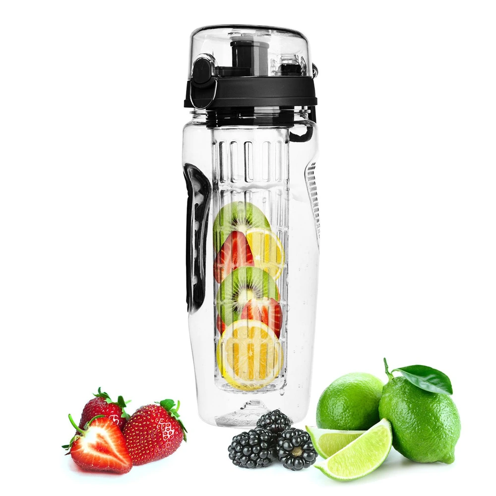 Infuser water bottle with slices of lime, kiwi, and strawberry, surrounded by fresh fruit.