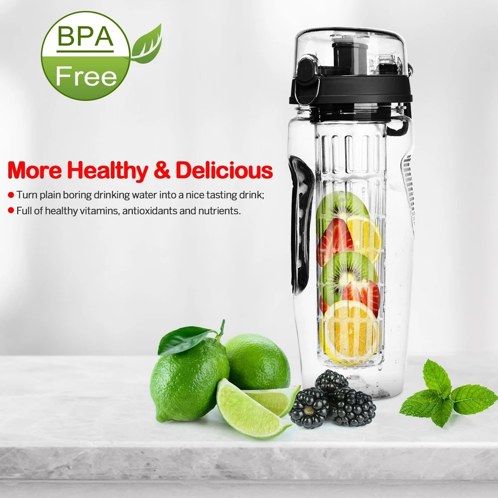 BPA-free water bottle with lime, lemon, blackberry, and mint infuser for a healthy and delicious drink.