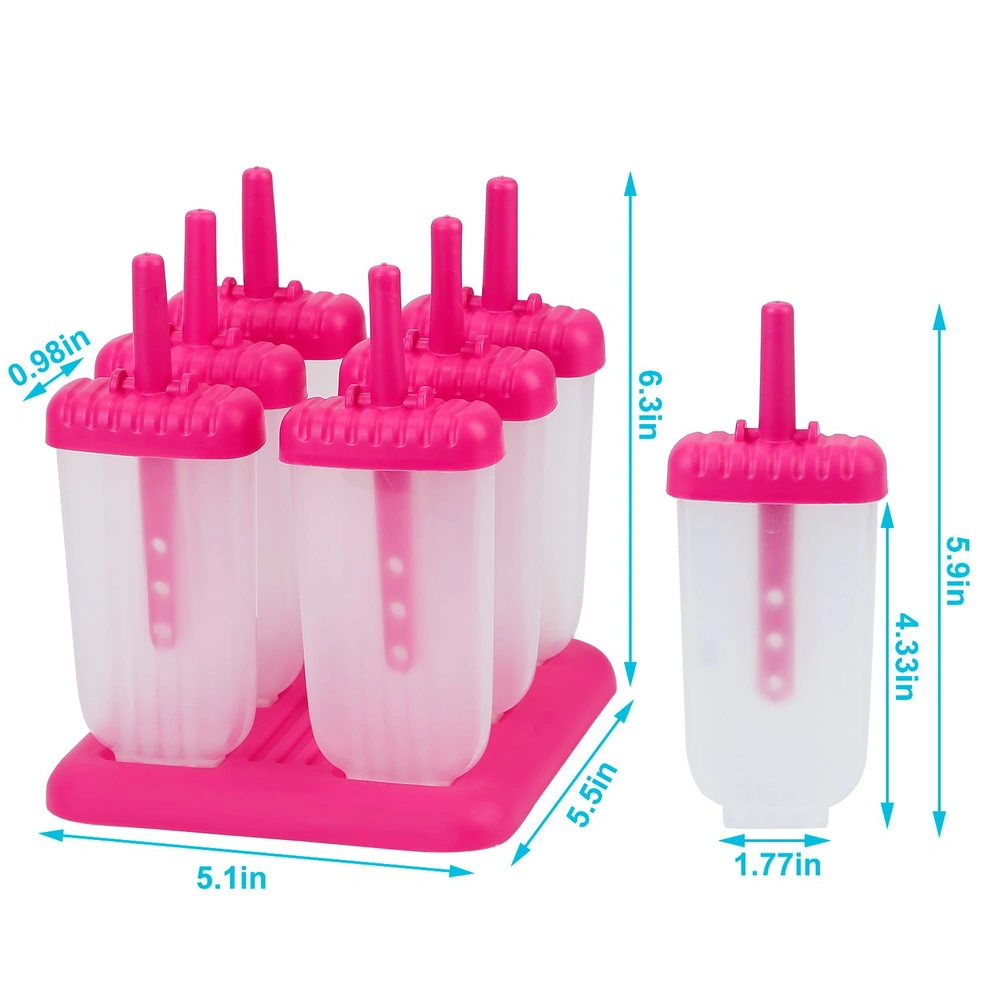 Pink ice pop molds with measurements, including 5.1x5.5 inches base and 6.3-inch height.