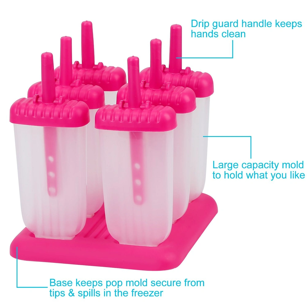 Pink popsicle mold set with drip guard handles, large capacity molds, and a secure base for freezer stability.