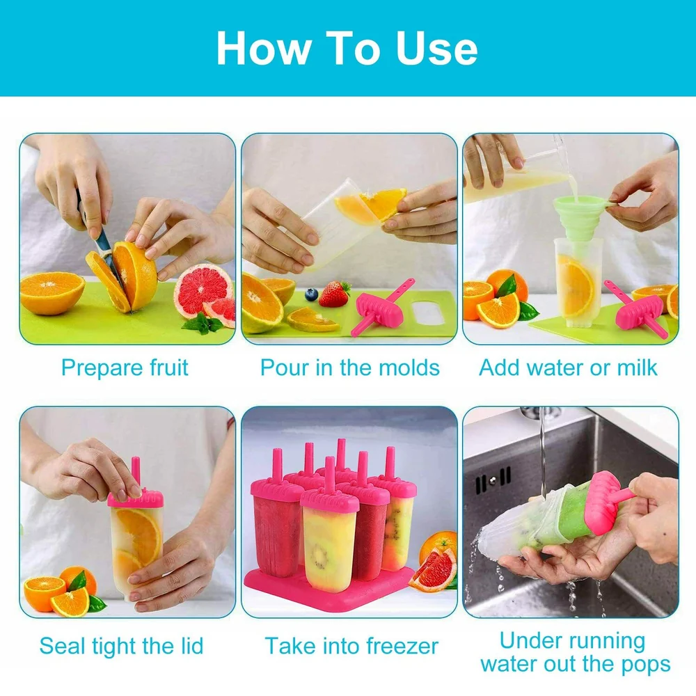 Step-by-step guide to making fruit popsicles: Prepare fruit, pour into molds, add water or milk, seal the lid, freeze, and under running water remove the pops.