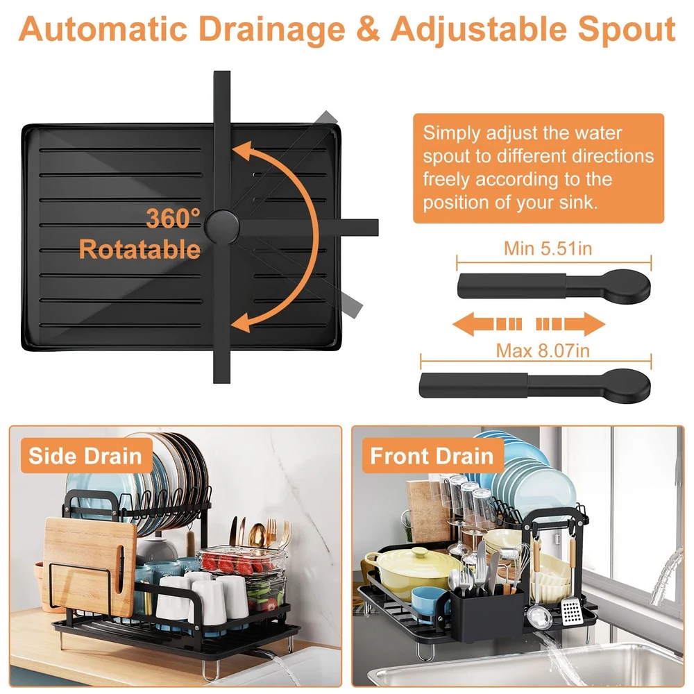 Dish drying rack with 360-degree rotatable and adjustable water spout for automatic drainage, showing side and front drain options.