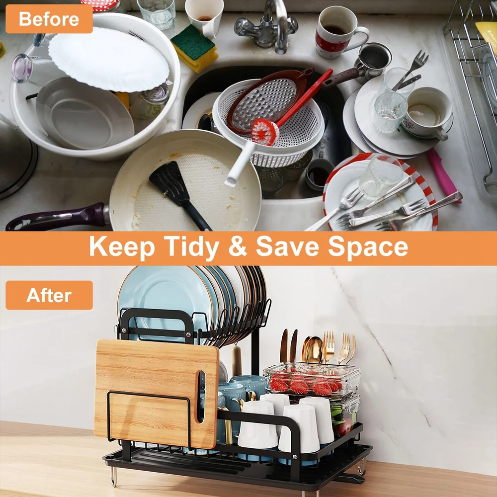 Before: Cluttered kitchen sink full of dirty dishes. After: Neatly organized, clean dishes on a dish rack.