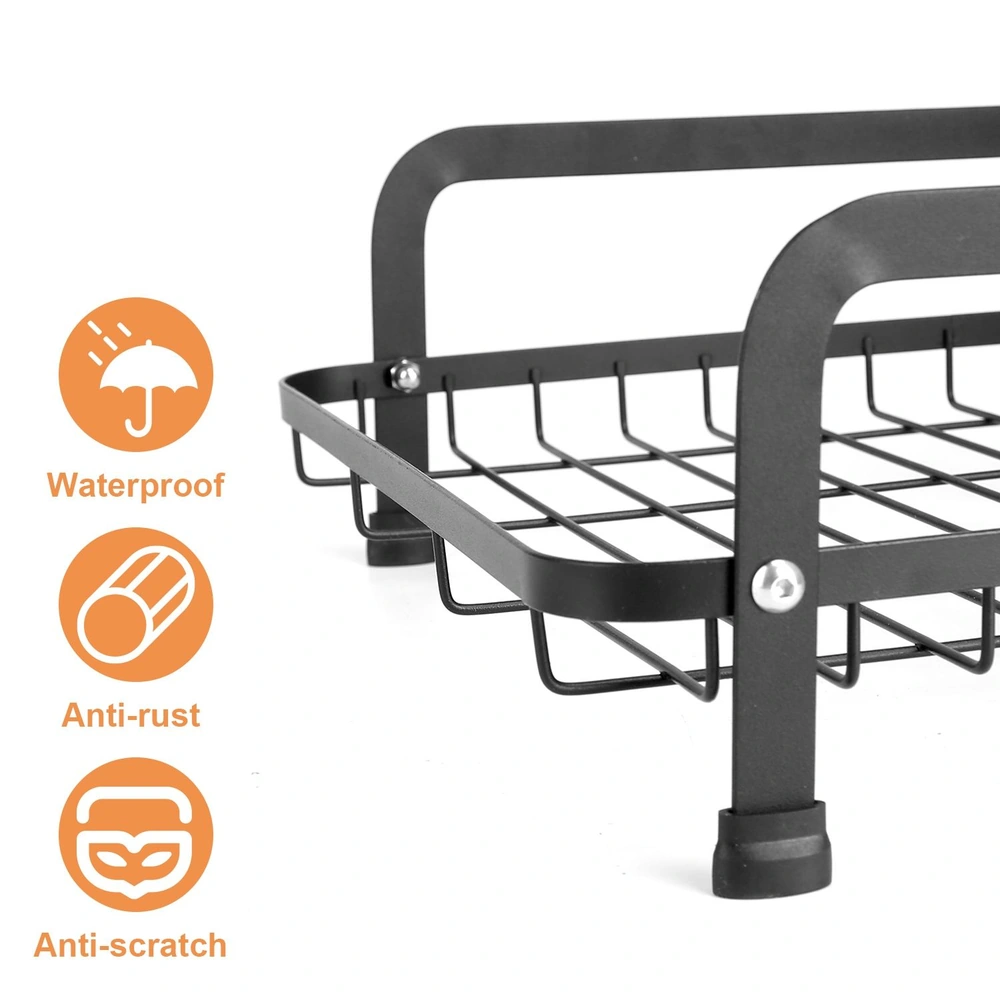 Close-up view of a black metal storage rack showcasing waterproof, anti-rust, and anti-scratch features.