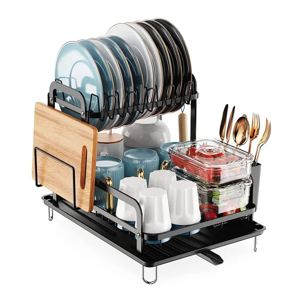 Modern kitchen dish drying rack with plates, cups, cutting board, utensils, and food storage containers.