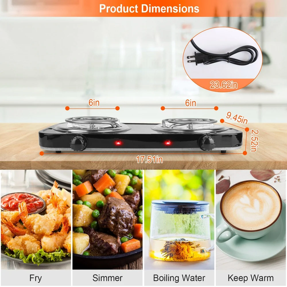 Double burner electric hot plate with product dimensions and examples of use for frying, simmering, boiling water, and keeping warm.