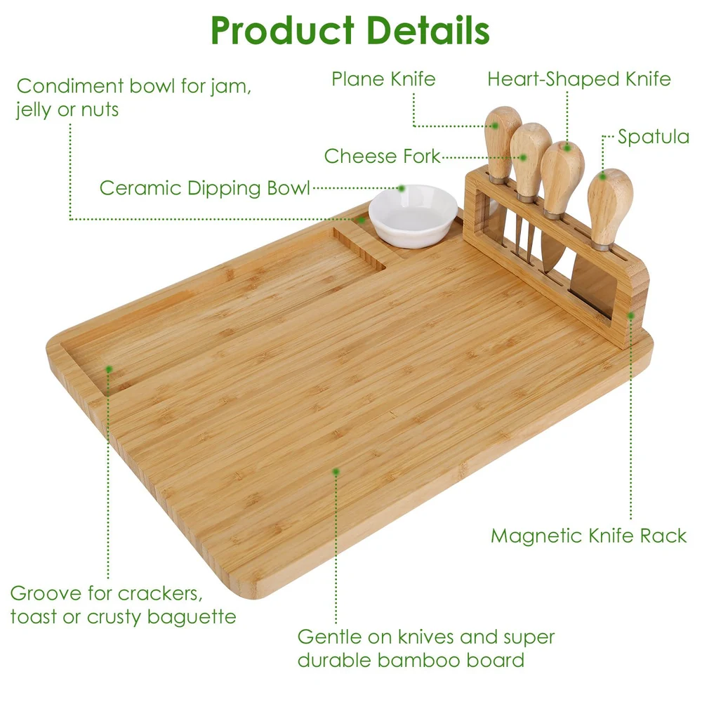 Bamboo cheese board set with condiment bowls, magnetic knife rack, and five utensils