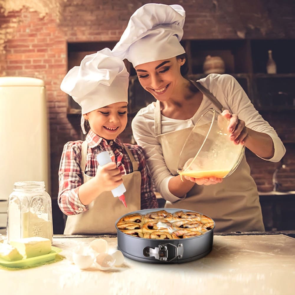 Mother and child baking cinnamon rolls in a rustic kitchen.