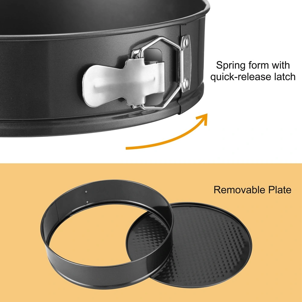 Springform pan with quick-release latch and removable plate for baking.