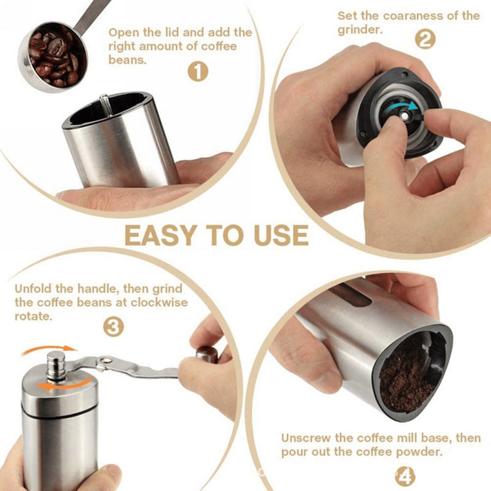 Step-by-step guide showing how to use a manual coffee grinder with coffee beans.