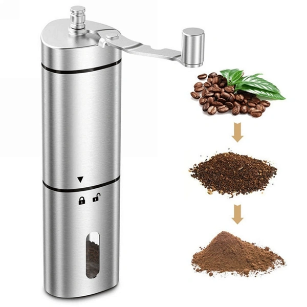 Stainless steel manual coffee grinder with coffee beans, medium grind, and fine powder stages.