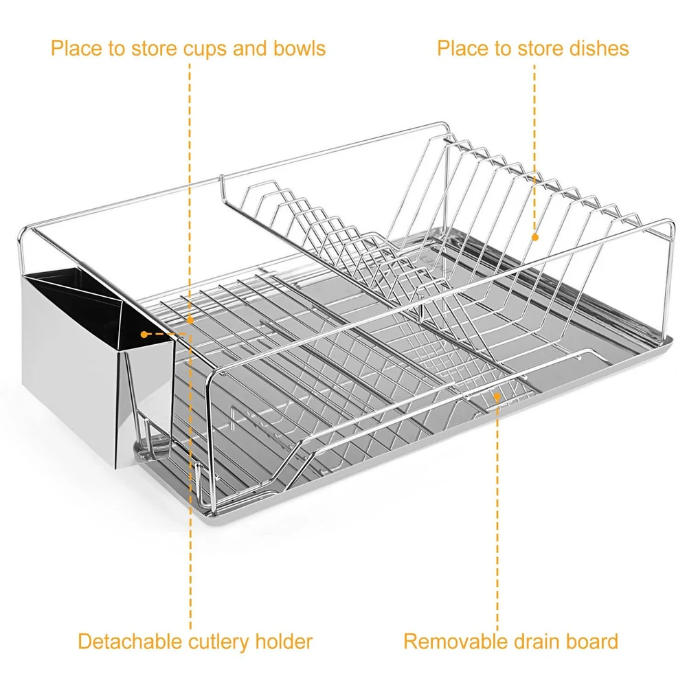 Stainless steel dish drying rack with detachable cutlery holder and removable drain board, labeled sections for storing dishes, cups, and bowls.