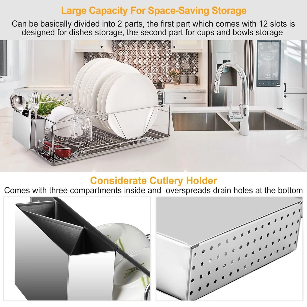 Dish drying rack with large capacity storage for dishes, cups, bowls, and considerate cutlery holder with compartments and drain holes.