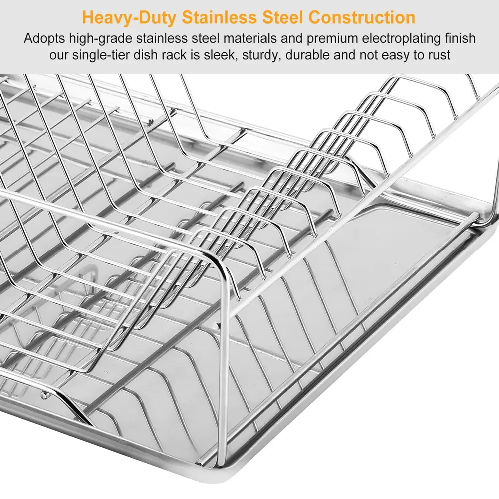 Heavy-duty stainless steel dish rack with premium electroplating finish, sleek, sturdy, and durable design.