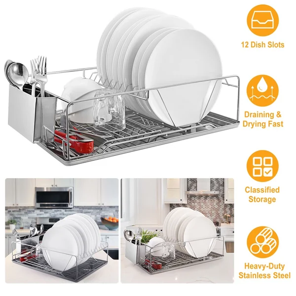 Stainless steel dish drying rack with 12 dish slots, utensil holder, and classified storage in modern kitchen.