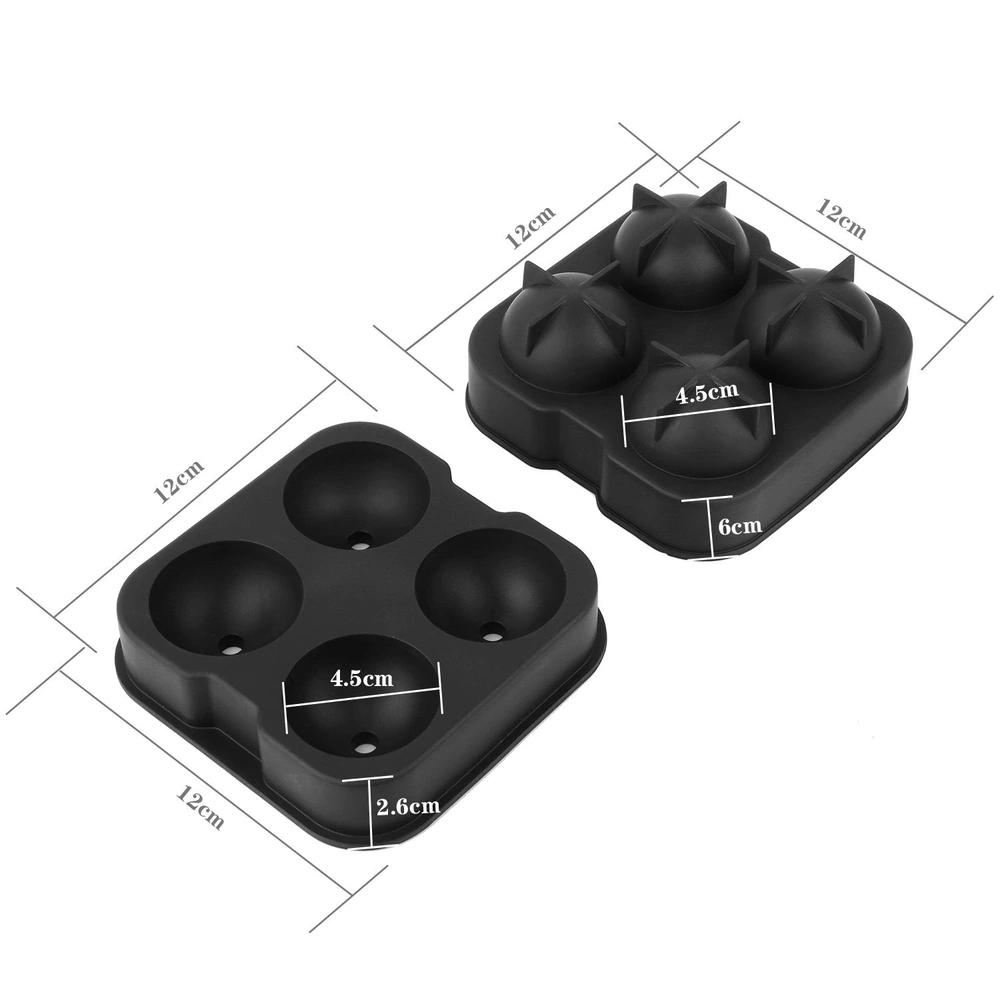 Black spherical ice mold with measurements: 12cm x 12cm, 4.5cm diameter, 6cm height.