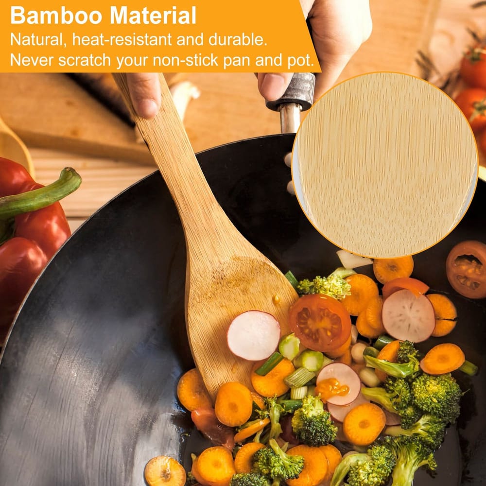 Close-up of a bamboo spatula stirring colorful vegetables in a wok, showcasing natural heat-resistant material for non-stick cookware.
