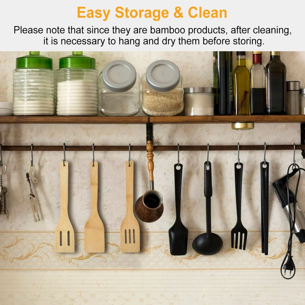 Kitchen shelf with bamboo utensils and glass jars for easy storage and cleaning.