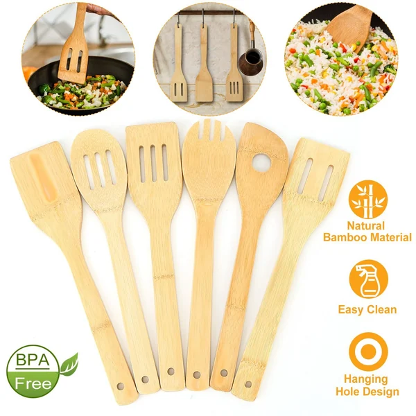 Bamboo kitchen utensils set BPA-free natural material easy-to-clean hanging hole design.
