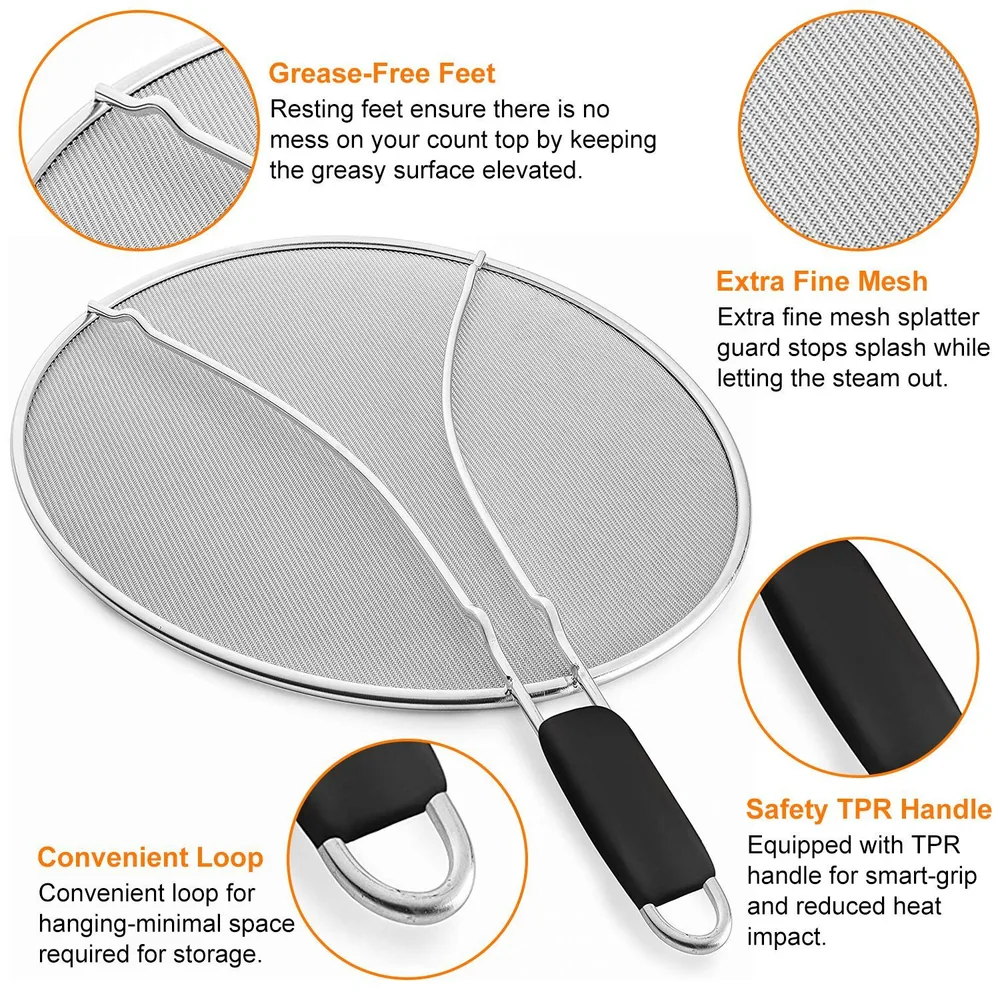 Premium Stainless Steel Splatter Screen with Grease-Free Feet, Extra Fine Mesh, Safety TPR Handle, and Convenient Hanging Loop