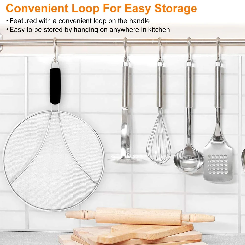 Convenient loop for easy storage of kitchen utensils hanging on a rail.
