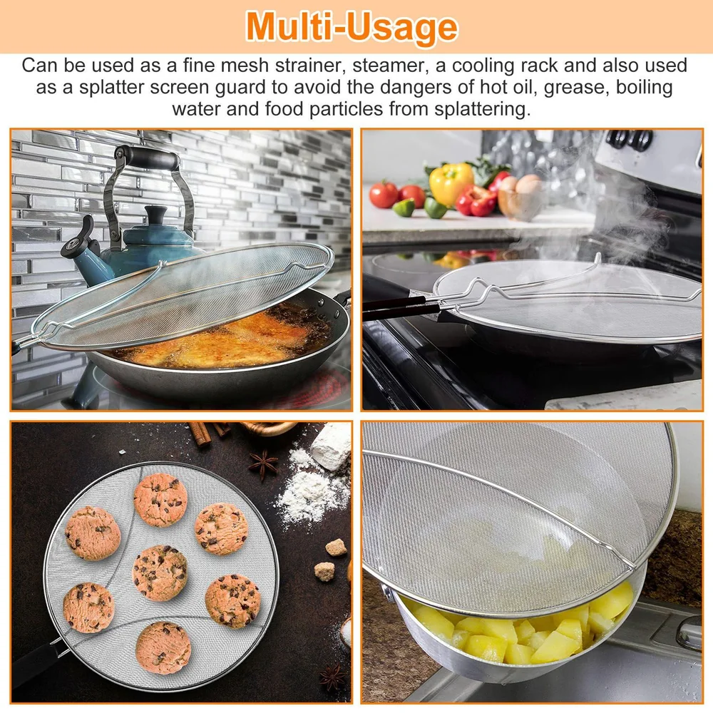 Multipurpose fine mesh splatter screen used as strainer, steamer, cooling rack, with hot oil, boiling water, cookies, and potatoes.