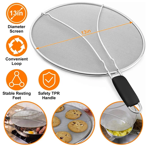 Black handled 13-inch diameter splatter screen with stable resting feet and safety TPR handle, featuring convenient loop for versatile kitchen use