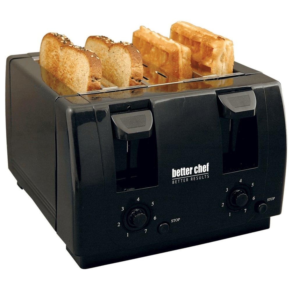 Black Better Chef toaster with two slices of bread and two waffles