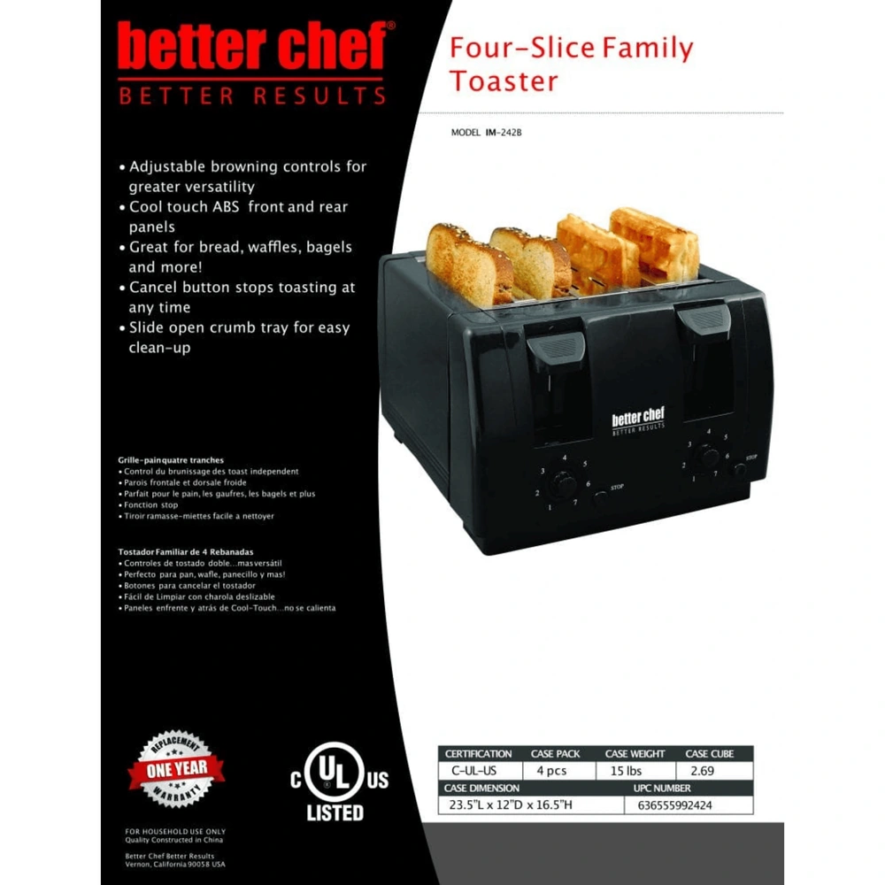 Better Chef Four-Slice Family Toaster with Adjustable Browning Controls and Cool Touch ABS Panels.