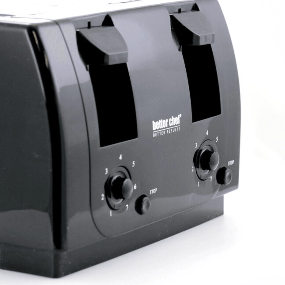 Black Better Chef two-slot toaster with adjustable browning knobs and stop buttons.