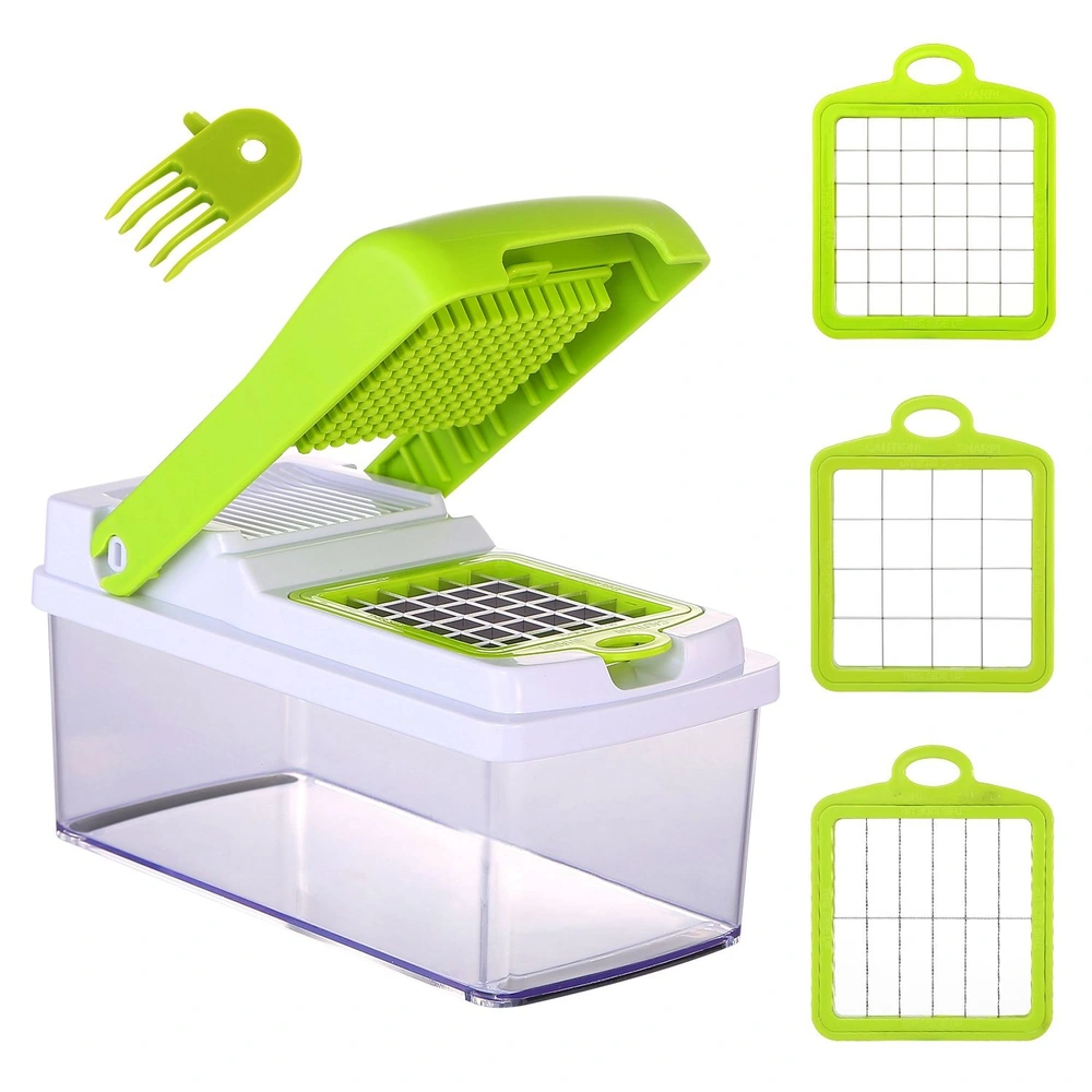 Vegetable chopper with green handle, clear container, and three interchangeable blades