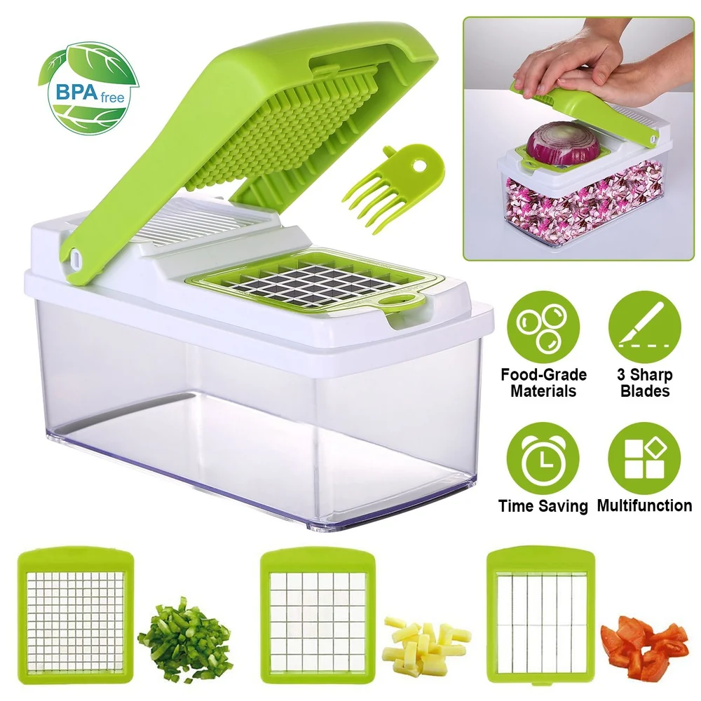BPA-free vegetable chopper with food-grade materials, sharp blades, multifunctional design, and time-saving features, suitable for dicing various vegetables, shown with usage instructions and different blade types.