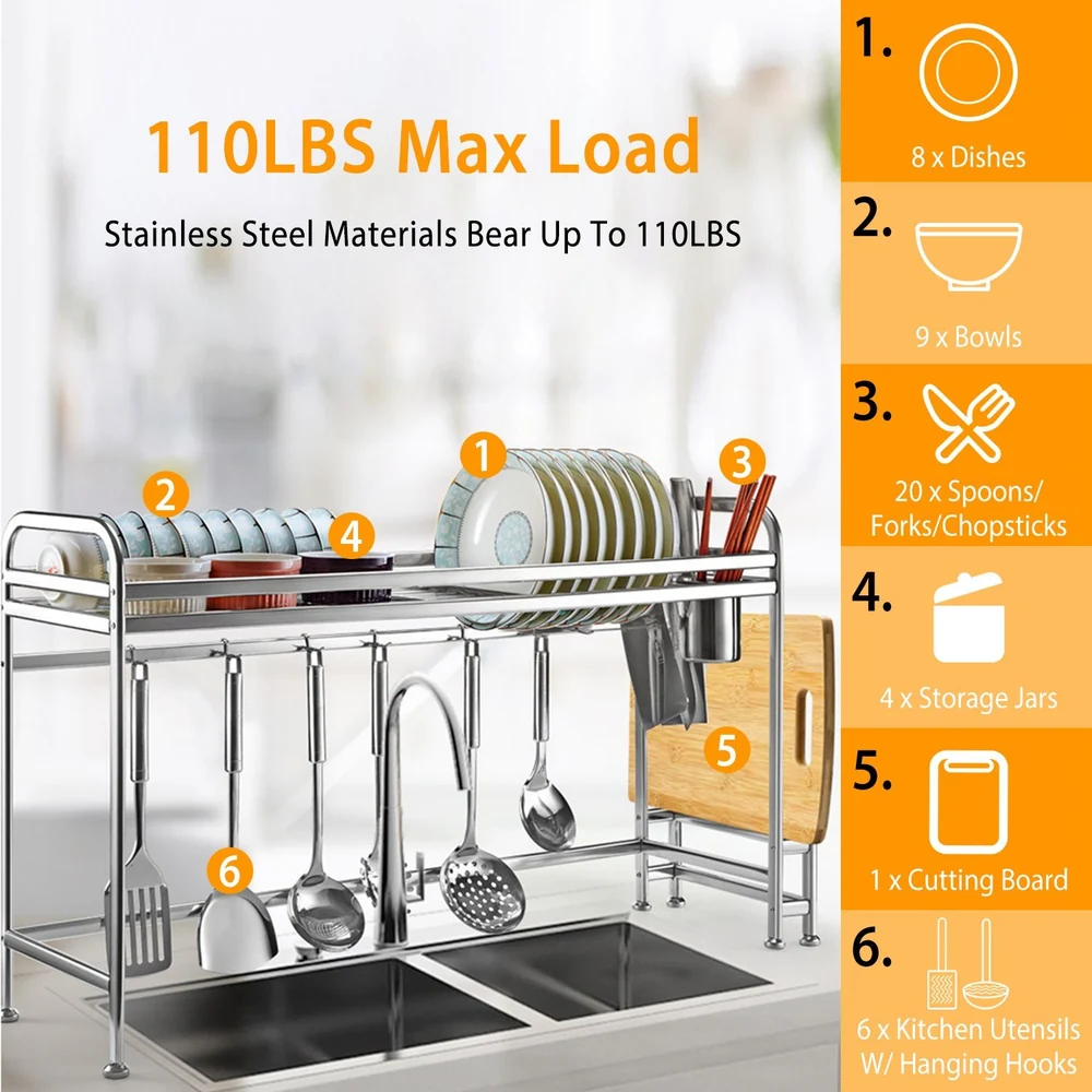 Over-sink dish rack holding dishes, bowls, utensils, storage jars, and cutting board with 110lbs max load capacity.