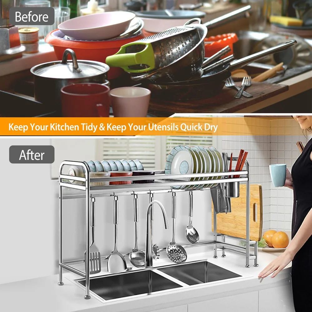 Before and after comparison of a messy kitchen sink versus an organized drying rack for utensils and dishes.
