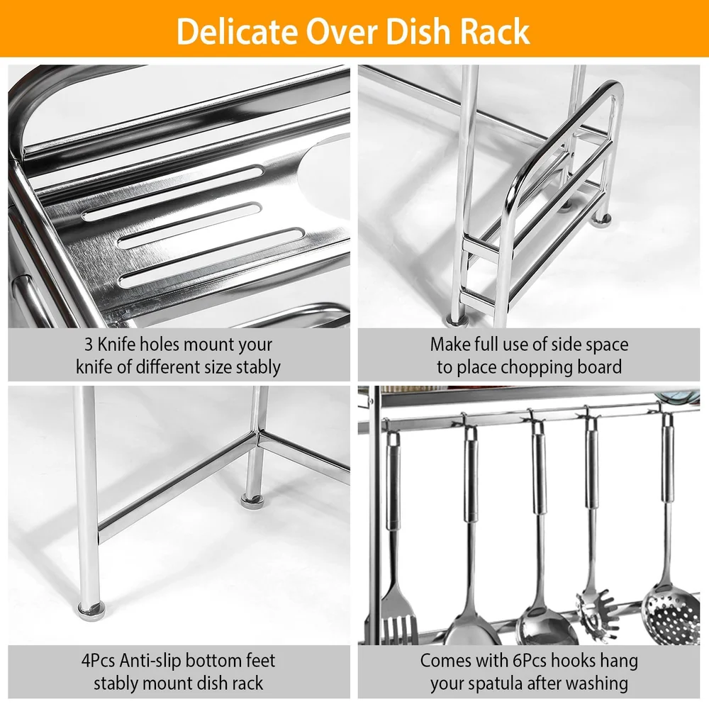 Detailed metal dish rack with knife holder, chopping board slot, anti-slip feet, and utensil hooks
