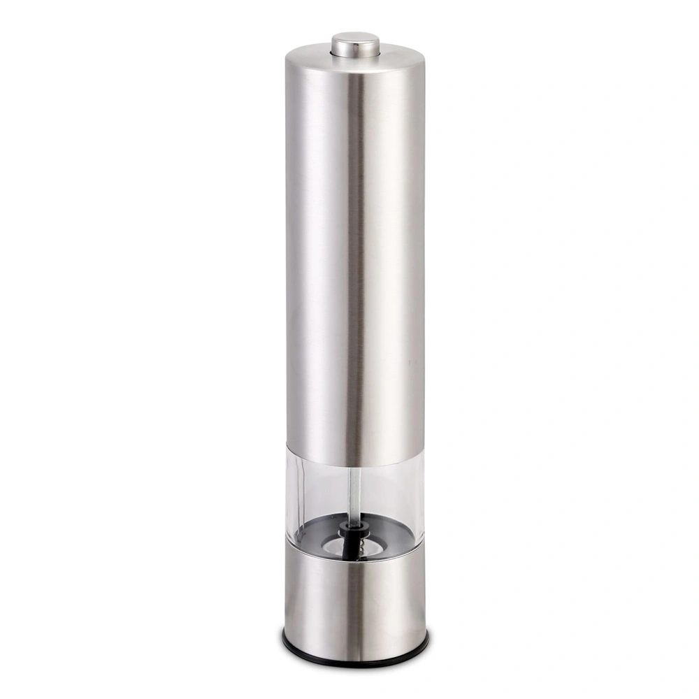 Sleek stainless steel pepper grinder with transparent middle section on white background