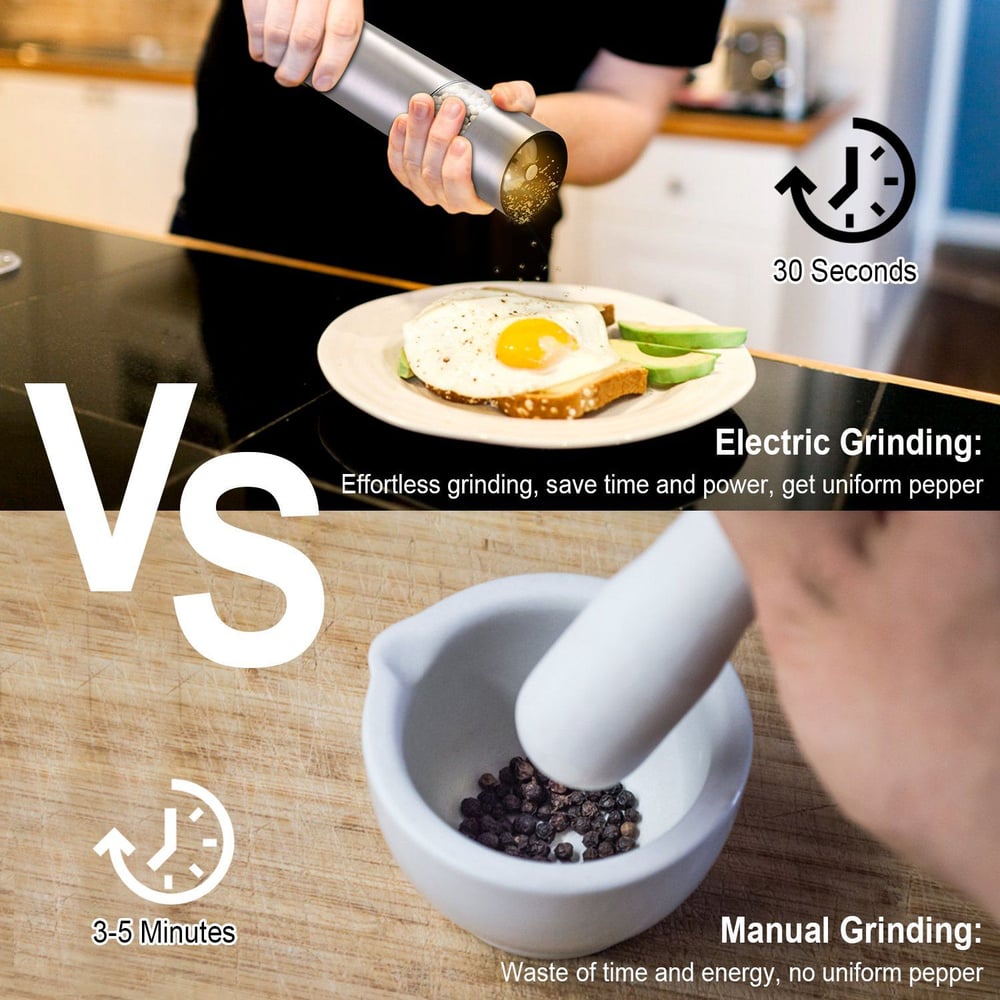 Comparison of electric pepper grinder vs manual pepper grinder, showing time efficiency and uniform pepper grind.