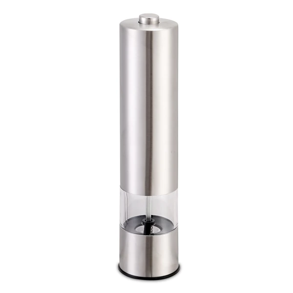 Sleek stainless steel pepper grinder with transparent middle section on white background