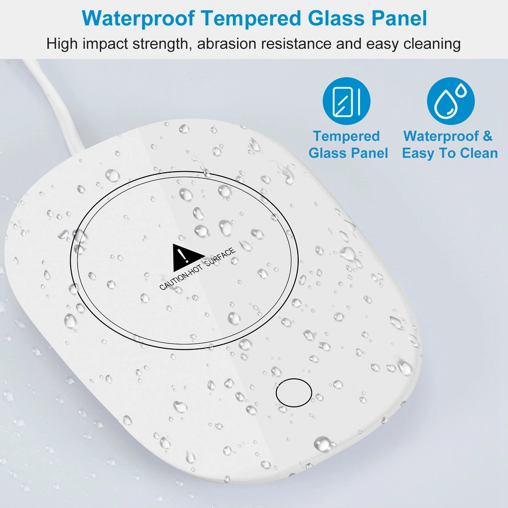 White waterproof tempered glass panel with water droplets, displaying caution for hot surface.