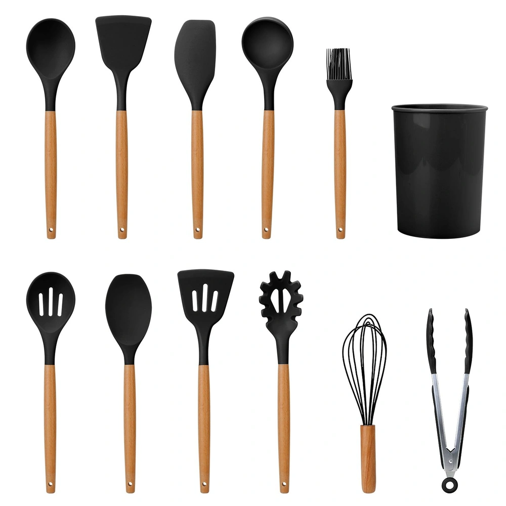 Set of 12 black silicone and wooden kitchen utensils including spoons, spatulas, whisk, tongs, basting brush, and holder.