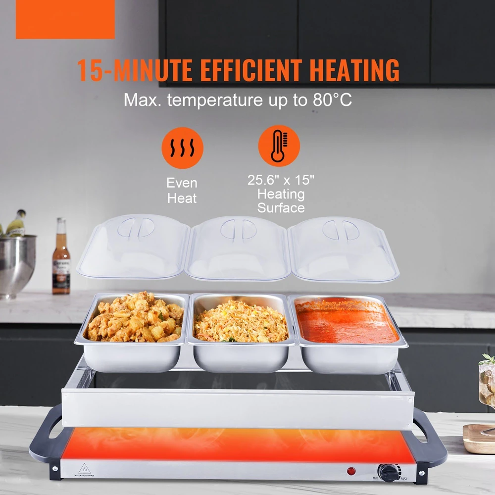 Food warmer with three compartments containing fried food, rice, and stew; boasts 15-minute efficient heating up to 80°C.