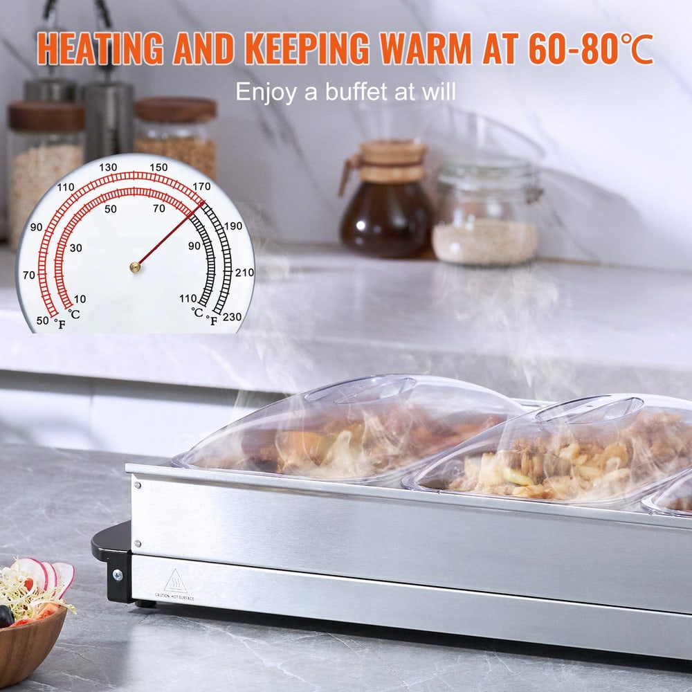 Buffet warmer maintaining food temperature at 60-80°C with steam showcasing fresh dishes on kitchen counter.