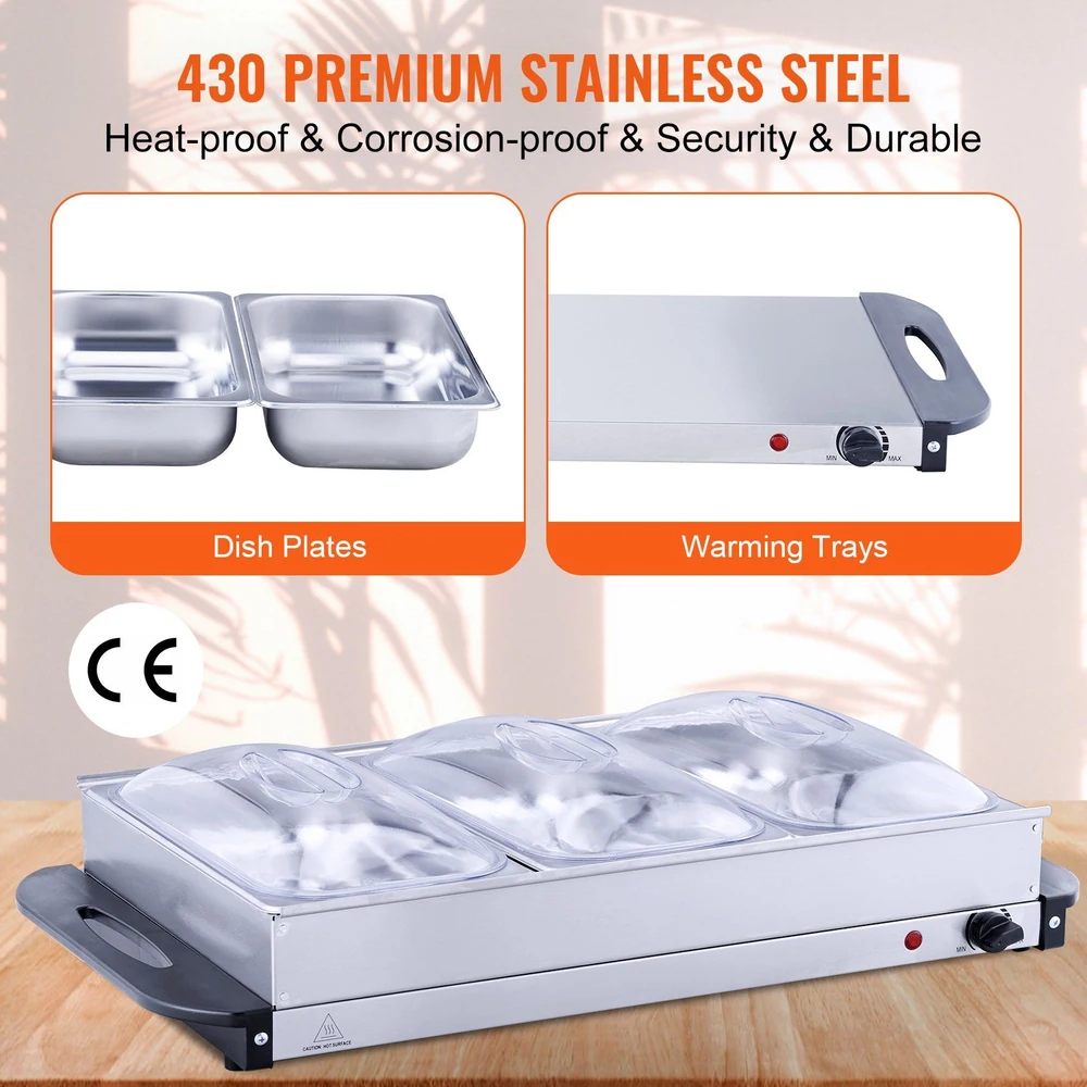 Image showing stainless steel warming trays and dish plates, featuring a "430 Premium Stainless Steel" label for heat-proof, corrosion-proof, security, and durability qualities.