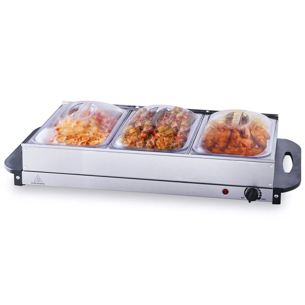 Electric buffet server with three compartments filled with food.