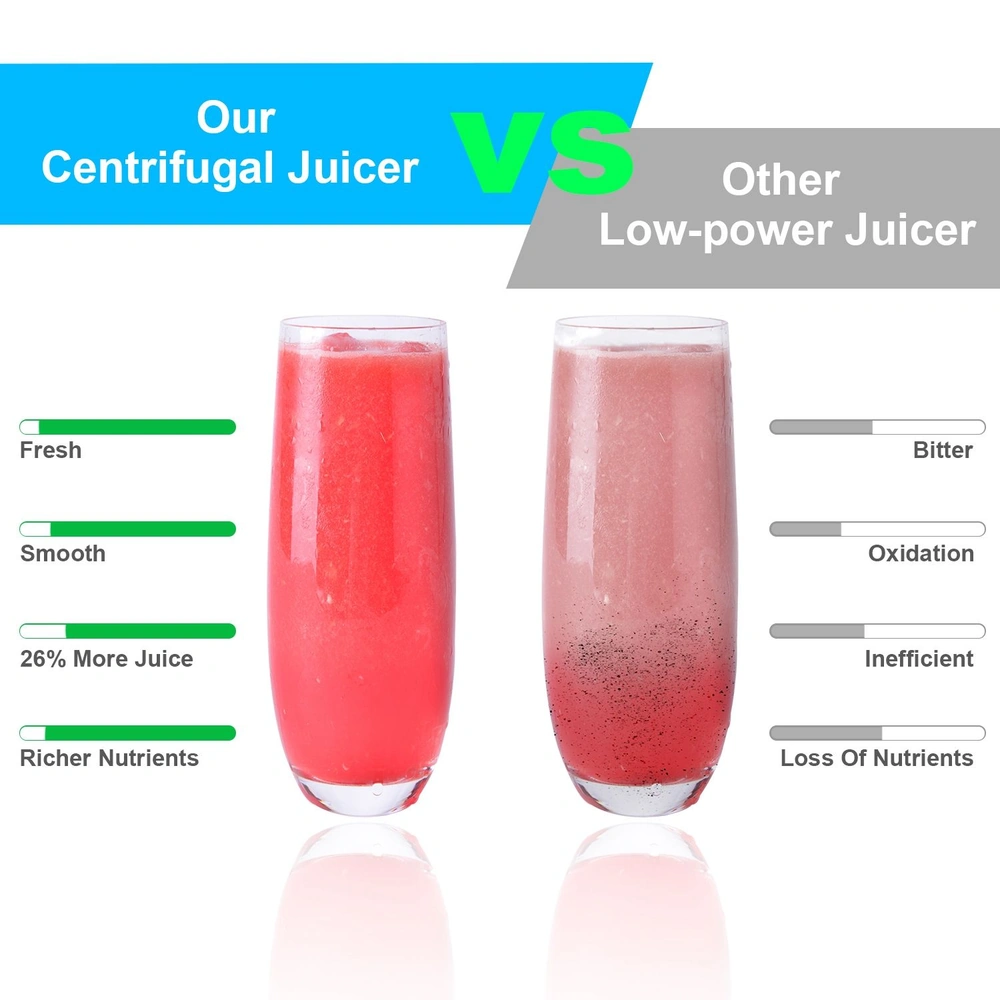 Comparison of centrifugal juicer versus low-power juicer showing fresh juice with more nutrients and output versus bitter, oxidized, nutrient-deficient juice.
