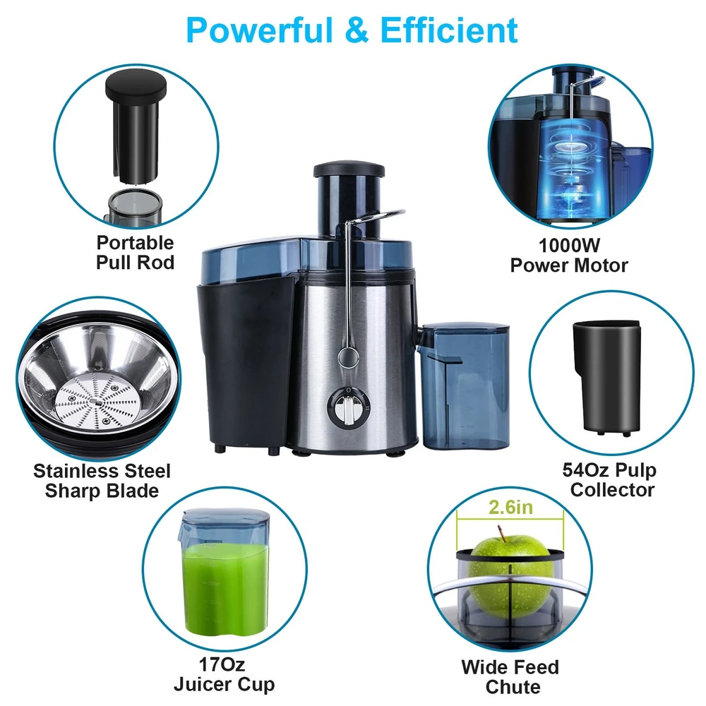 Powerful and efficient stainless steel juicer with 1000W motor, portable pull rod, 54oz pulp collector, 17oz juicer cup, wide feed chute, and sharp blade.