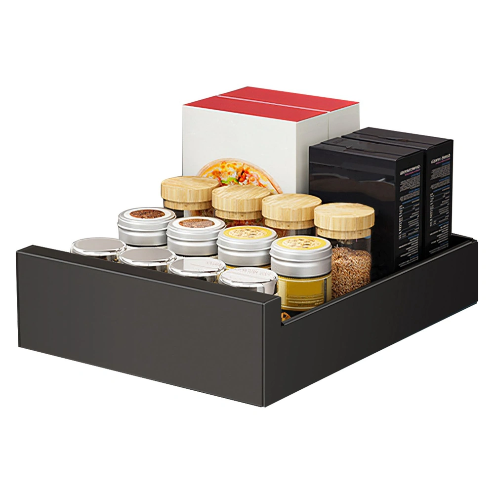 Assorted spice jars and packaged food items neatly organized in a black drawer.