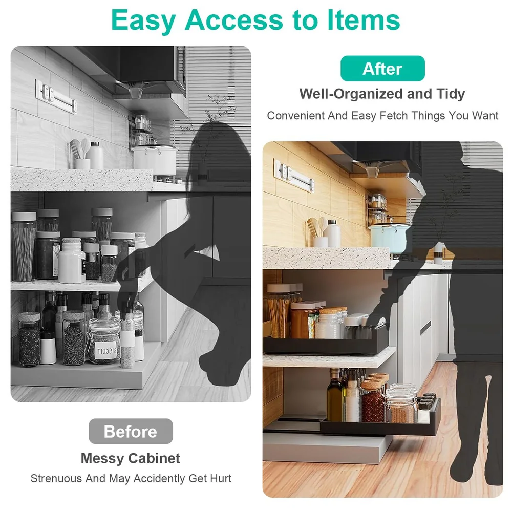 Compare before and after kitchen cabinet organization for easy access to items.